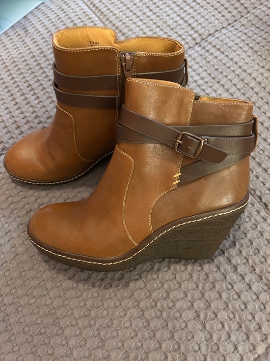 Sofft Shoes - Sofft Cognac Wedge Ankle Boots with Buckle Wrap